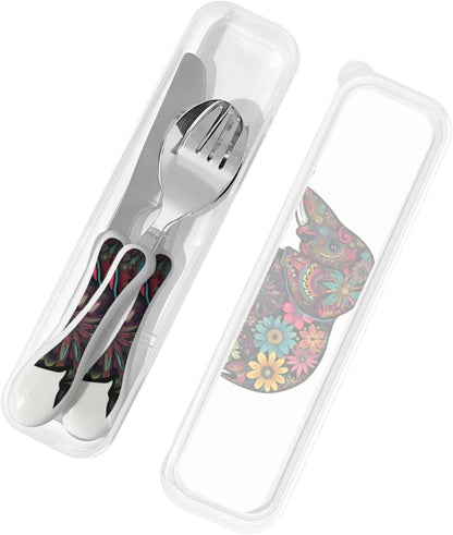 3-Piece Kids Silverware Set With Storage Case, Stainless Steel Reusable Children Safe Knife Spoon Fork Set Dragonfly Insects Flowers Children Flatware Set For Kids Lunch Box