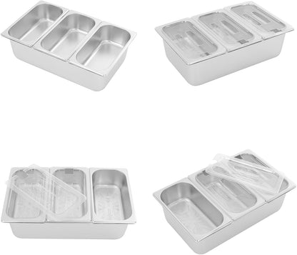 3/4/6 Compartment Stainless Steel Fruit Serving Set with Removable Acrylic Lids, Drainage Mats - Commercial Food Storage Containers for Buffet, Restaurant (3-Pan)