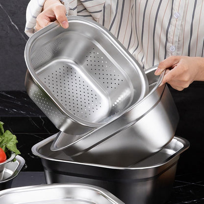 Zerodeko Stainless Steel Colander Bowl Set Square Kitchen Sink Metal Storage Basket Large Capacity Fruit Vegetables Washing Basin Rice Strainer Washer 22cm
