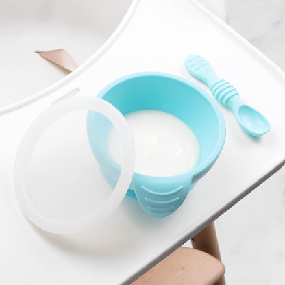 Bumkins Baby Bowl, Silicone Feeding Set with Suction for Baby and Toddler, Includes Spoon and Lid, First Feeding Set, Training Essentials for Baby Led Weaning for Babies 4 Months Up, Sage