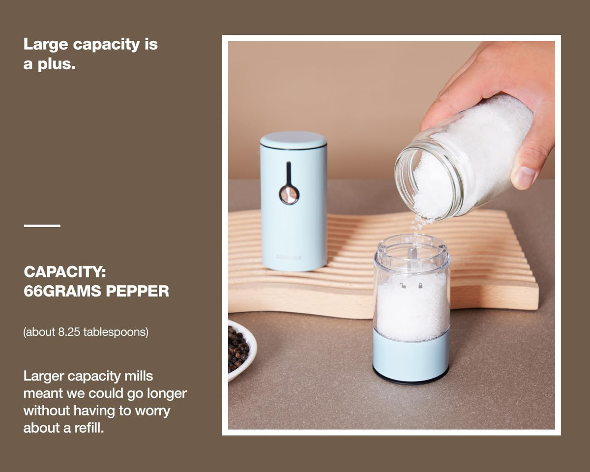 Stainless Steel Rechargeable Electric Salt and Pepper Grinder Set – USB Charging, One-Hand Electric Mill, Adjustable Coarseness, LED Light & Dust Cover –2pack(Greige & Buttercream)