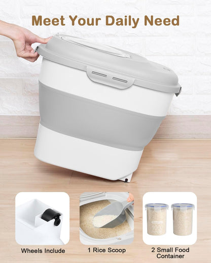 20-30 Lbs Rice Storage Container,Collapsible Food Storage Containers with Rolling Wheel Airtight Locking Lid,Flour Storage Container with Cup and Scoop,Suitable for Food,Rice,Pet Food,Flour