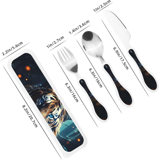 Stainless Steel Kids Silverware Set, Tiger Utensil Set Reusable Children Safe Knife Spoon Fork Set With Storage Case Dishwasher Safe For Lunch, Travel Outdoors