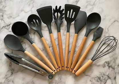 Deluxe 12-Piece Silicone Kitchen Utensils Set with Durable Cooking Utensils - Heat Resistant Nonstick Cookware Essentials, Includes Spoon, Spatula, Ladle, and Utensil Set Holder