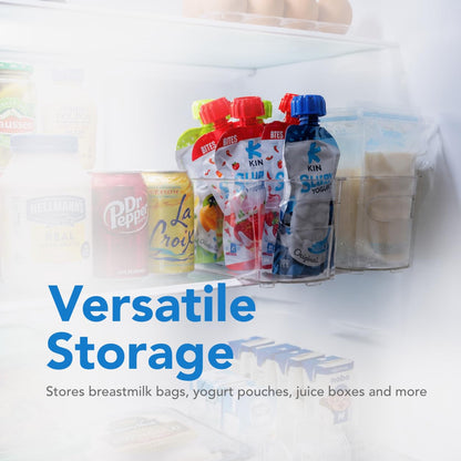 2 Set Breast Milk Storage Containers for Fridge and Freezer with Automatic Pusher, Clear Organizer Self Pushing Bins for Breastmilk Bags, Bottles and Pouches, 14.7 x 4.3 x 3.9 Inches