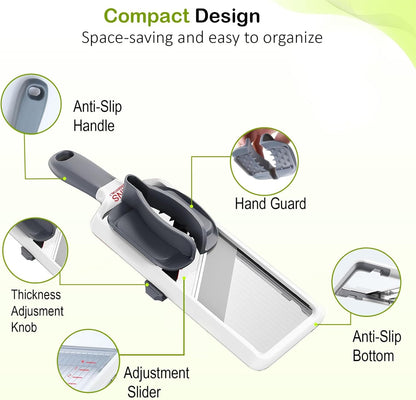 Mandoline Slicer for Kitchen – Adjustable Stainless Steel Blades, with Comfort Grip – Vegetable Slicer for Small to Medium sized Cucumber, Onion, Potato – Gray
