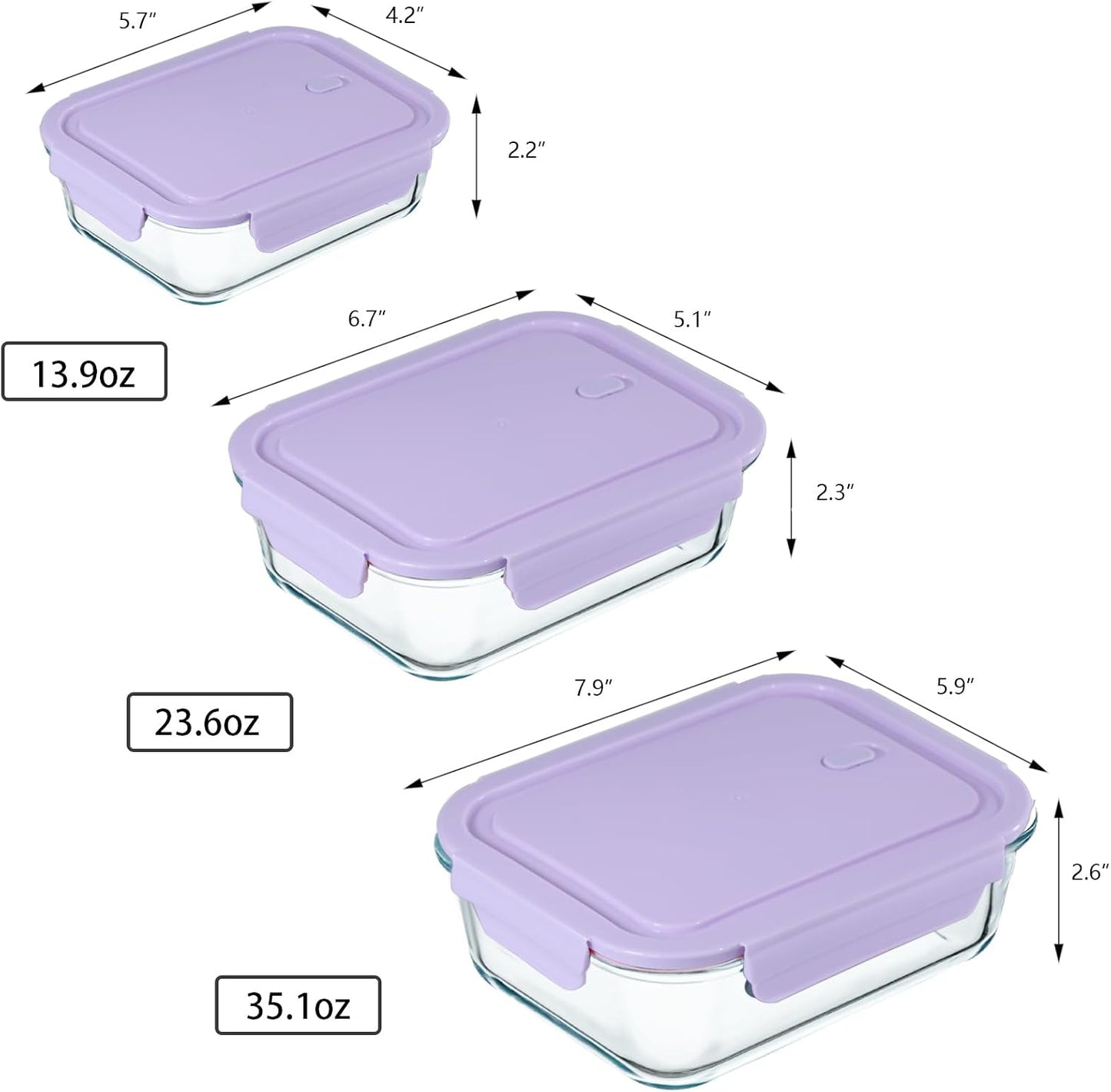 6 Pieces Rectangle Glass Food Storage Containers with Lids, Meal Prep Containers for Food Storage, BPA Free & Leak Proof (3 lids & 3 Containers) 13.9oz, 24oz, 35oz (Pink)