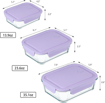 6 Pieces Rectangle Glass Food Storage Containers with Lids, Meal Prep Containers for Food Storage, BPA Free & Leak Proof (3 lids & 3 Containers) 13.9oz, 24oz, 35oz (Pink)