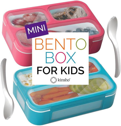 Small Snack Containers for Kids Toddlers - 3 Compartments (Set of 2) - Leak-Proof Reusable Boxes with Lids - BPA-Free Plastic Mini Bento Lunch Box - Holds 2 Cups Capacity (Pastel Blue+Teal Sparkle)