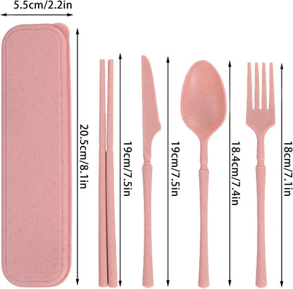 Reusable Travel Utensils Set with Case, Wheat Straw Portable Plastic Fork Spoon Knife Chopsticks Camping Cutlery, Eco-Friendly BPA Free Tableware Picnic Flatware for Kids Adults or Daily Use (Pink)