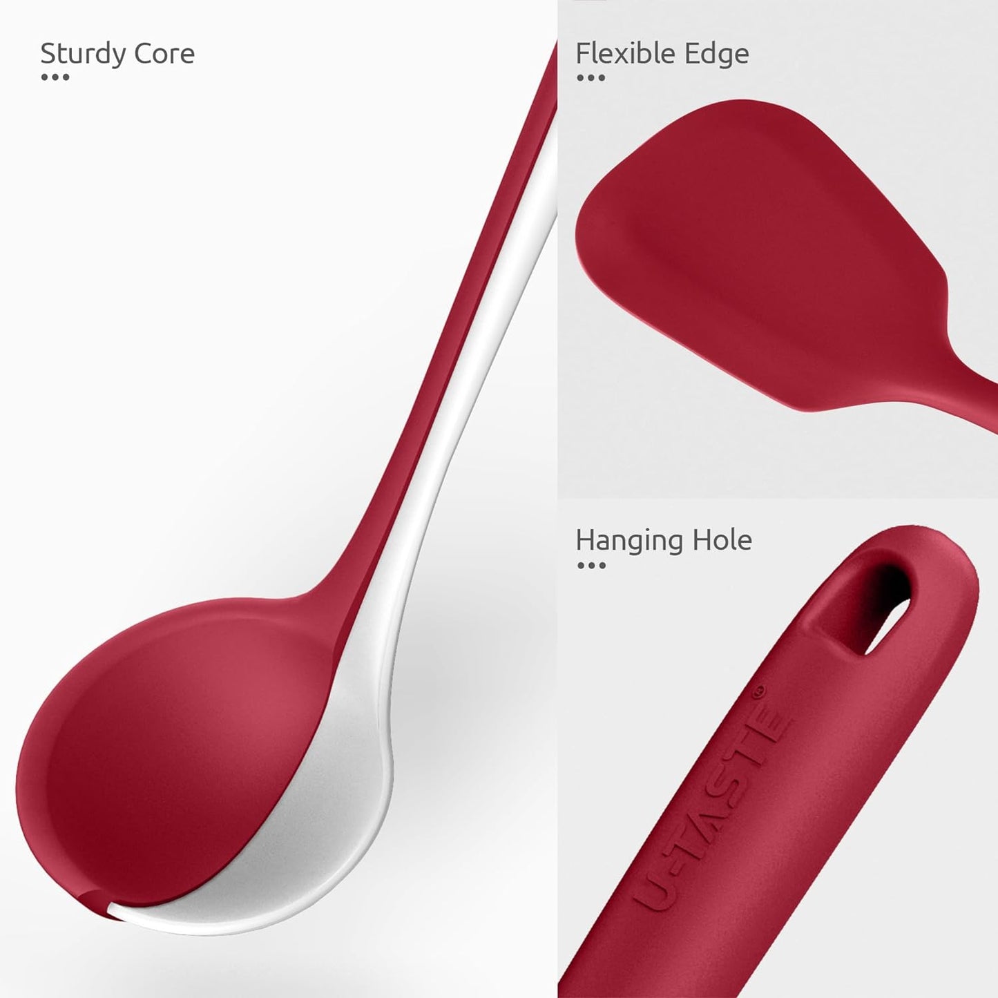 600ºF Heat Resistant Kitchen Utensil: U-Taste 13.6" Extra Long Silicone Cooking Tools Set, Food-Grade Non-Stick Solid and Slotted Turner Spatula, Mixing Spoon, and Soup Ladle (5 Pieces, Aqua Sky)