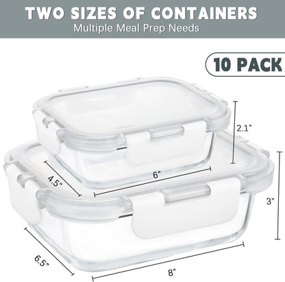 KAMOTA Glass Food Storage Containers, 10 Pack Glass Meal Prep Containers, Airtight Containers with Snap-Lock Lids, 34 oz and 13 oz white Container Set with Lids, for Microwave/Oven/Freezer
