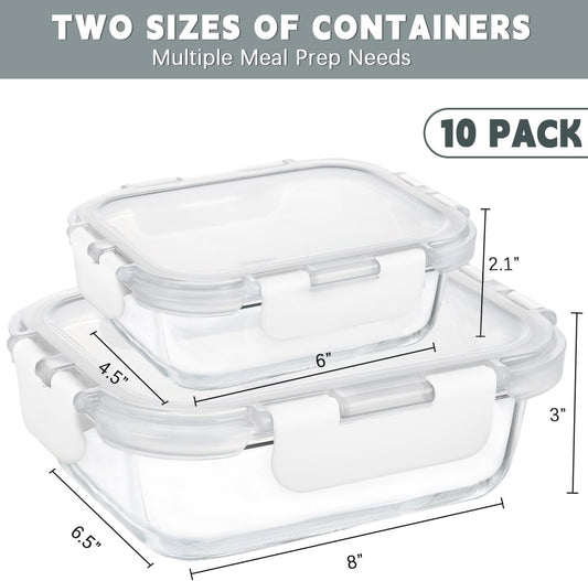 KAMOTA Glass Food Storage Containers, 10 Pack Glass Meal Prep Containers, Airtight Containers with Snap-Lock Lids, 34 oz and 13 oz white Container Set with Lids, for Microwave/Oven/Freezer