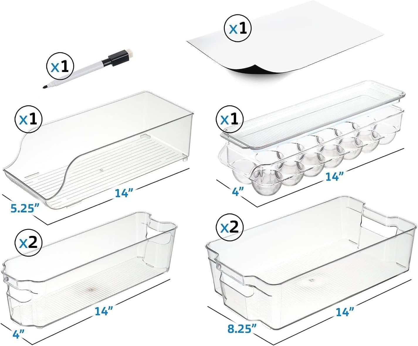 Hearth & Harbor 28 Piece Fridge Organizer Bins - Set of 16 Clear Bins with 8 Shelf Liners, 2 White Boards and 2 Markers - Stackable Containers With Handles