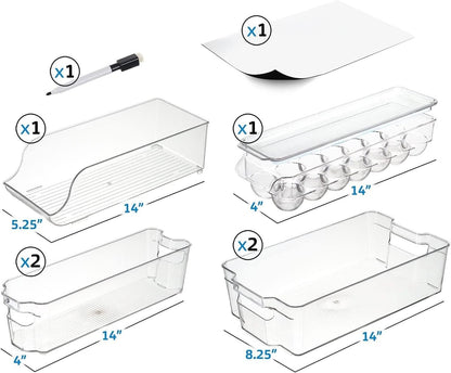 Hearth & Harbor 28 Piece Fridge Organizer Bins - Set of 16 Clear Bins with 8 Shelf Liners, 2 White Boards and 2 Markers - Stackable Containers With Handles
