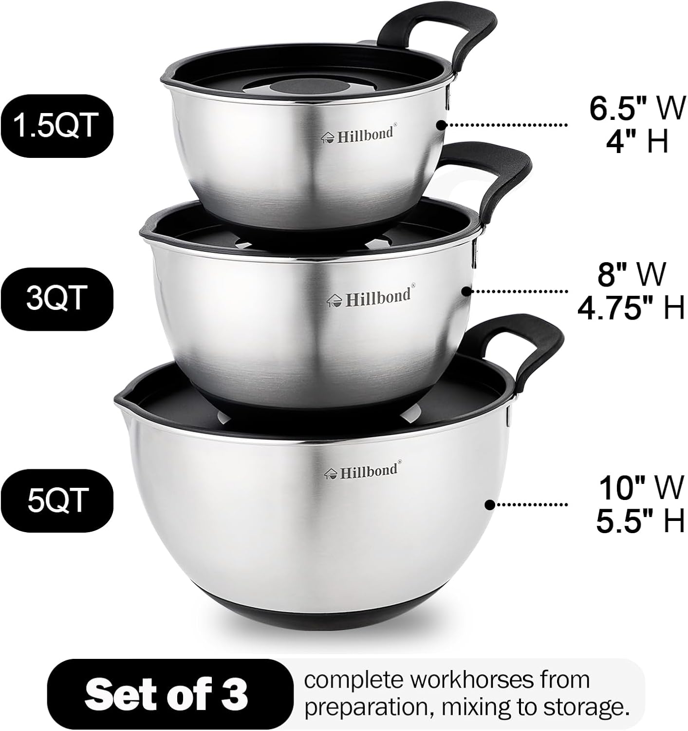 Hillbond Stainless Steel Bowls with Lids Set Mixing Bowls with Pour Spout, Silicone Handle and Non-Slip Bottoms for Baking, Metal Bowls Mixing Dishwasher Safe, Set of 3, Mother’s Day Gift (Black)