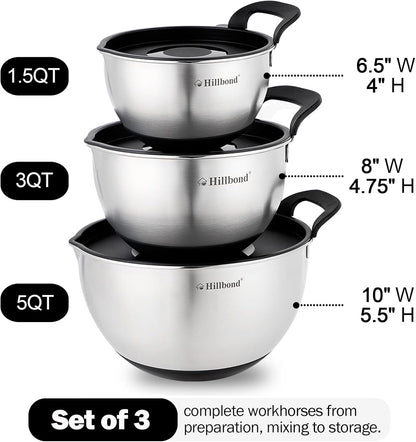 Hillbond Stainless Steel Bowls with Lids Set Mixing Bowls with Pour Spout, Silicone Handle and Non-Slip Bottoms for Baking, Metal Bowls Mixing Dishwasher Safe, Set of 3, Mother’s Day Gift (Black)