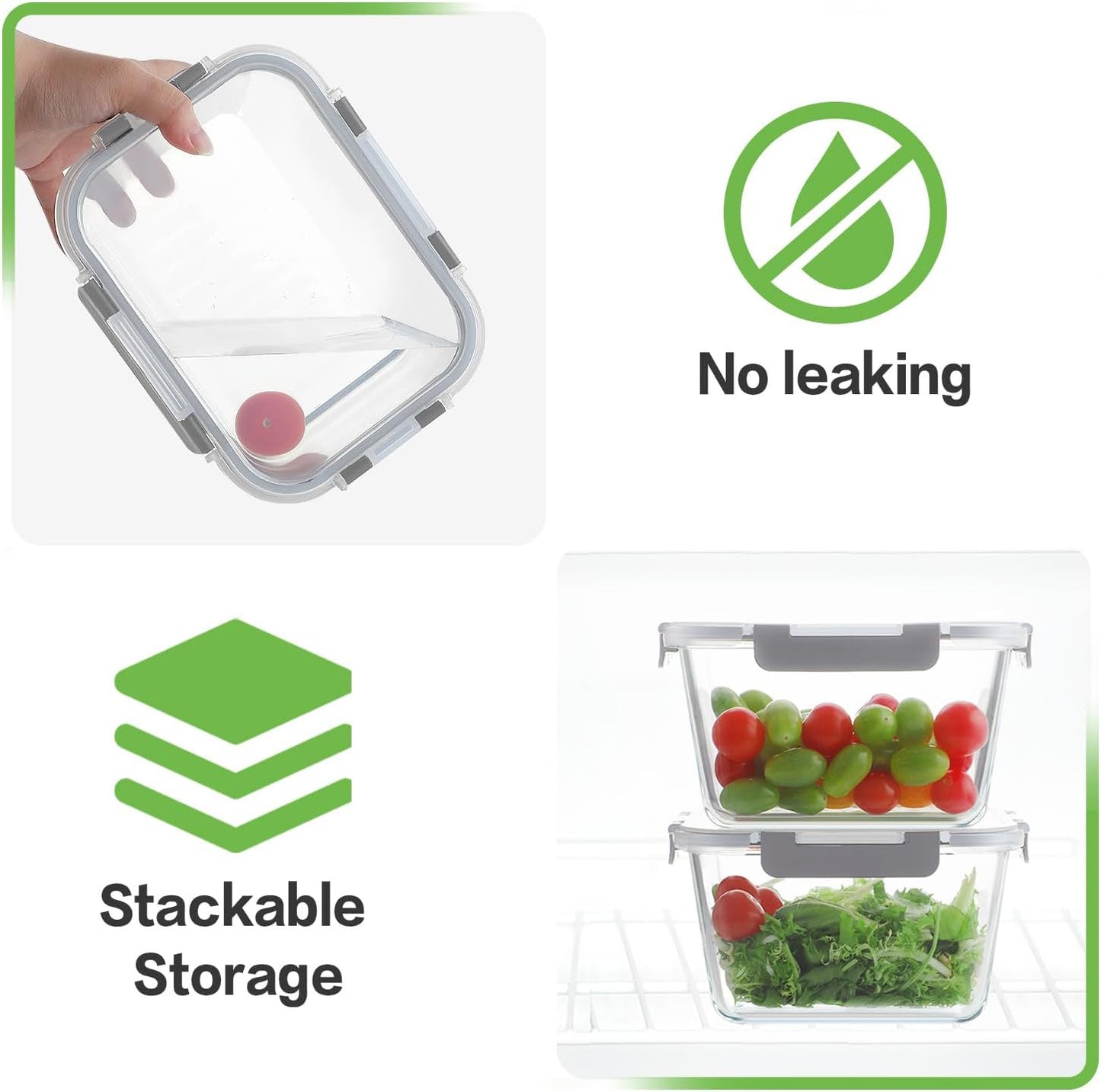 HOMBERKING 4 Pieces 63oz/8cup Large Glass Food Storage Containers with Lids, Meal Prep Containers, Airtight Bento Boxes with Leak Proof Locking (2 Containers + 2 Lids) - Microwave, Oven Safe