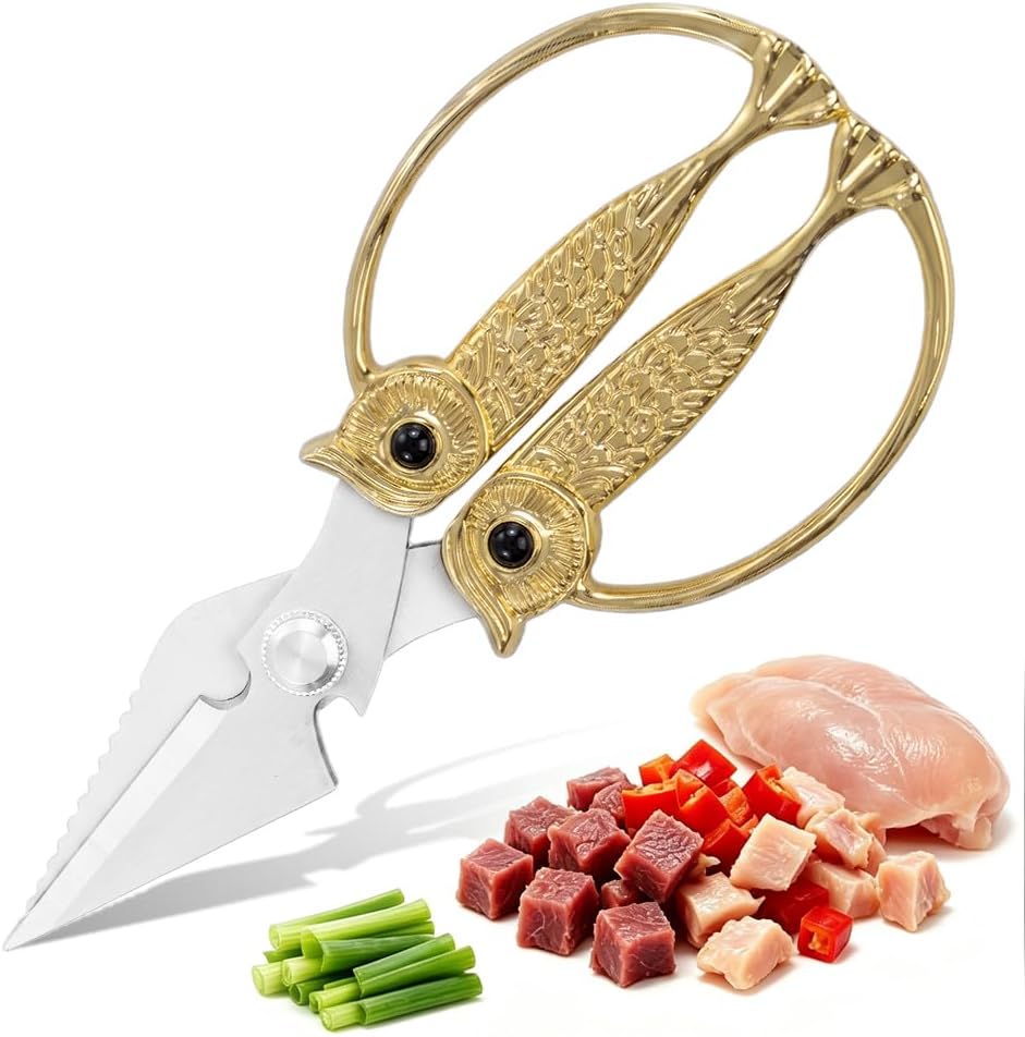 XSNBRD All Purpose Kitchen Scissors, Pearl Gold Stainless Owl Shears.