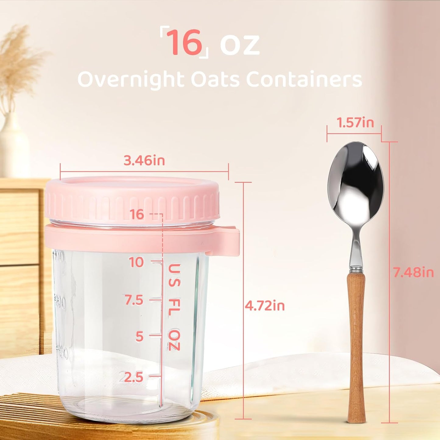 HomArtist 16oz Overnight Oats Containers with Lids and Spoons, 4 Pack Wide Mouth Mason Jars with Airtight Lids, Overnight Oats Jars for Salad, Chia Seed, Cereal, Yogurt