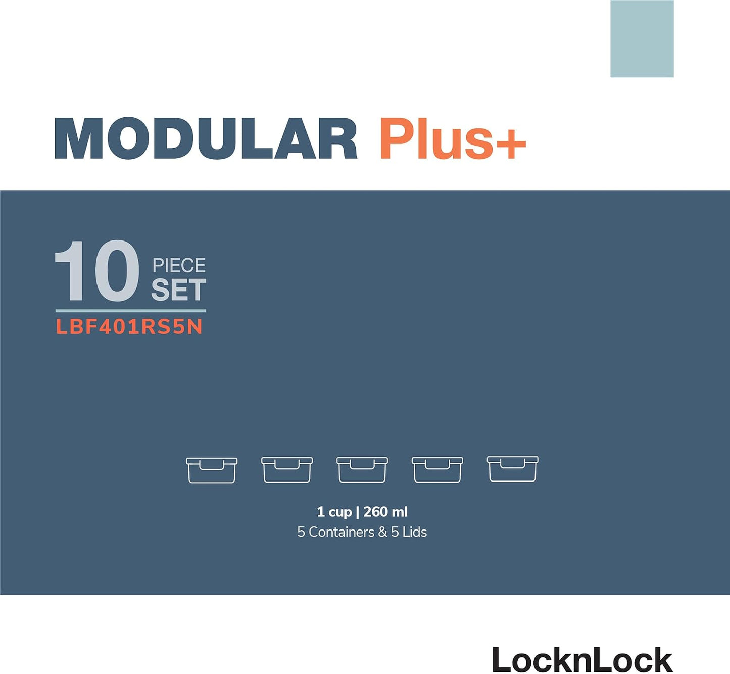 LocknLock LBF404RS5N Bisfree Modular Plus Food Storage Containers for Lunch, Meal Prep, Stackable, BPA-Free, Leakproof, Microwave, Dishwasher, Freezer-Safe, 10 Pieces, 5 Boxes and 5 Lids, Navy, 910ml