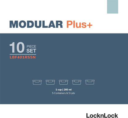 LocknLock LBF404RS5N Bisfree Modular Plus Food Storage Containers for Lunch, Meal Prep, Stackable, BPA-Free, Leakproof, Microwave, Dishwasher, Freezer-Safe, 10 Pieces, 5 Boxes and 5 Lids, Navy, 910ml