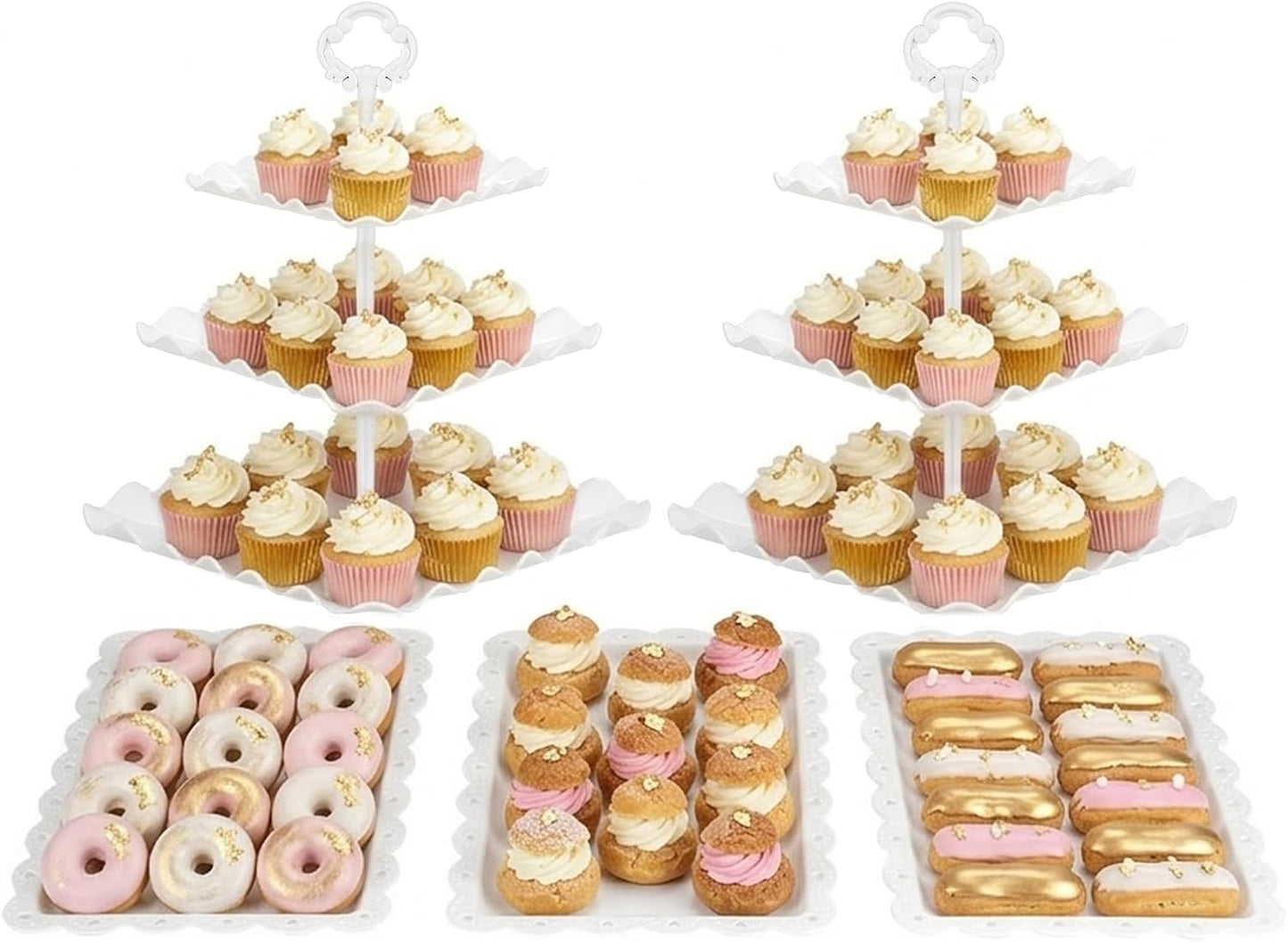NWK 5 Piece Cake Stand Set with 2 x Large 3-Tier Cupcake Stands, 3 x Appetizer Trays, for Wedding Birthday Baby Shower Tea Party Decorations (Pink)
