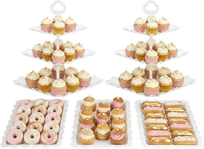 NWK 5 Piece Cake Stand Set with 2 x Large 3-Tier Cupcake Stands, 3 x Appetizer Trays, for Wedding Birthday Baby Shower Tea Party Decorations (Pink)