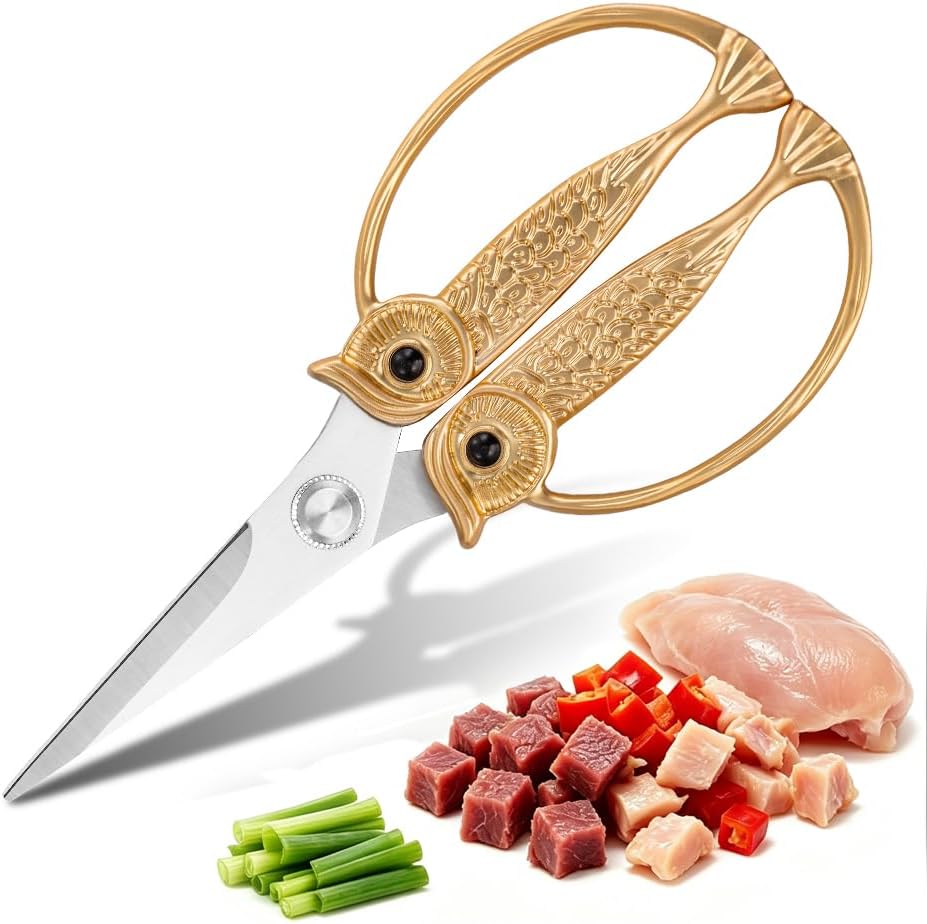XSNBRD All Purpose Kitchen Scissors, Pearl Gold Stainless Owl Shears.
