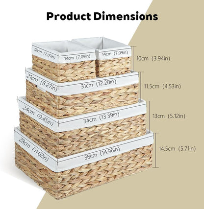 Water Hyacinth Shelf Baskets 4-Pack, Handwoven Wicker Bins with Removable Linen Liners – Divided Upper Compartment & Open Handles, Stackable for Pantry Bathroom Closet