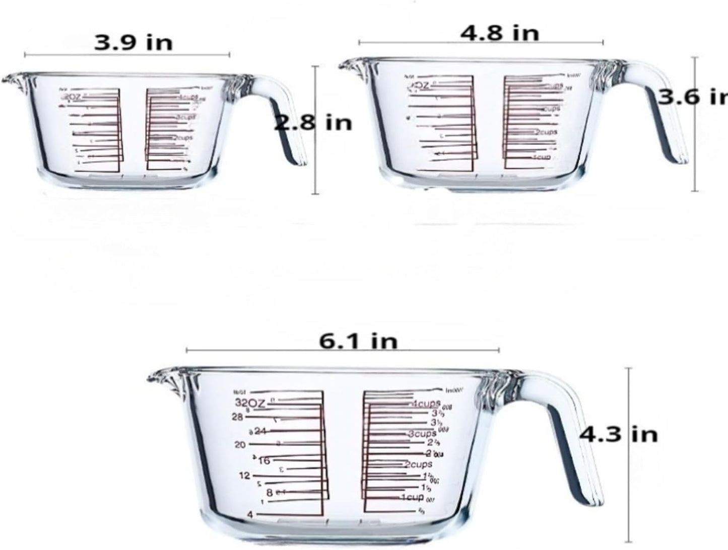 3 Glass Measuring Cups Set,1,2,4Cups,Borosilicate Glass Liquid Measuring Jug with Angled Handle, Pour Spout,Markers,Easy Read,Heavy Duty Batter Bowls,for Kitchen Cooking,Baking,Mixing,Clear