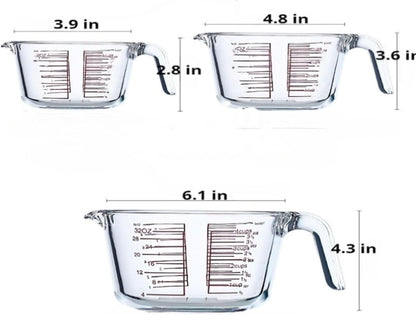 3 Glass Measuring Cups Set,1,2,4Cups,Borosilicate Glass Liquid Measuring Jug with Angled Handle, Pour Spout,Markers,Easy Read,Heavy Duty Batter Bowls,for Kitchen Cooking,Baking,Mixing,Clear