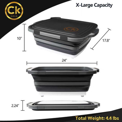 New XL Collapsible BBQ Prep Tub with LOCKING Lid, Cutting Board & Drain Hole | BPA-Free, Food-Grade, Space-Saving Prep Tubs for Marinating, Grilling, Camping & Outdoor Cooking (Black, 16L)