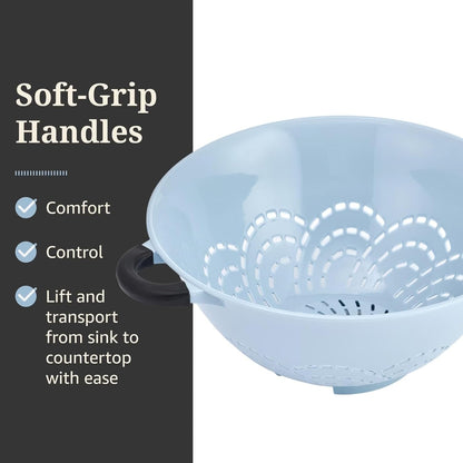 5 Qt Colander,Slate Blue Plastic with Soft Grip Handles&Raised Feet,Durable
