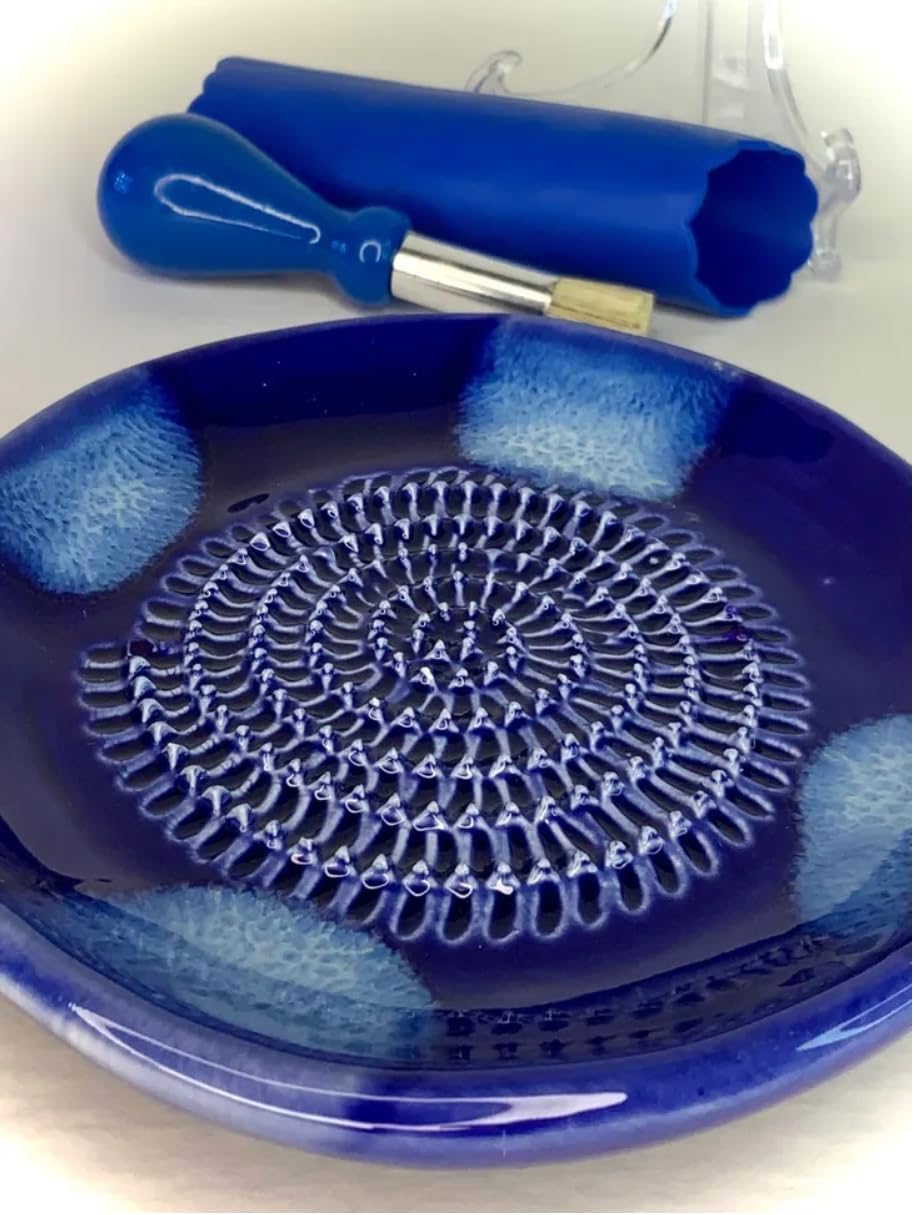 BonCera, Premium Ceramic Garlic Grater Plate Set - Blue Cross Glazed