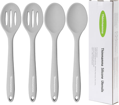 Silicone Cooking Spoon, Nonstick Kitchen Spoons for Cooking, Slotted and Solid Serving Spoon Heat Resistant, Silicone Mixing Spoons Basting for Nonstick Cookware 4 Pack