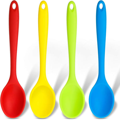 Patelai 4 Pieces Small Silicone Cooking Spoons 8 Inch Heat Resistant Silicone Serving Stirring Spoon for Kitchen Nonstick Cooking Tool Basting Utensils Dishwasher Safe(Red, Orange, Green, Purple)