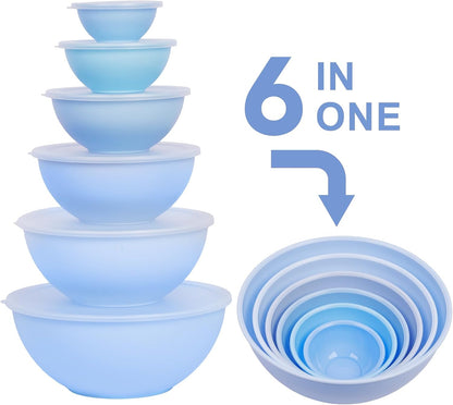 BoxedHome BPA Free Plastic Round Mixing Bowl with Lids, 12 Pack Nesting Bowls with Lids Set, Microwave and Dishwasher Safe Prep & Serving Bowls Great for Mixing, Baking, Serving (pinkish green, 12pcs)