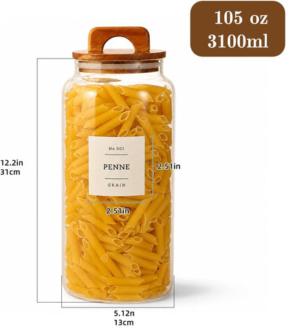 2 Pack Large Glass Flour and Sugar Containers with 132 Pantry Labels - 64 FL OZ Glass Canisters with Bamboo Airtight Lids - Farmhouse Glass Cookie Jars for Rice, Pasta, Cereal, Bath Salt