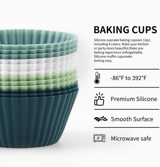 Reusable Silicone Baking Cups, 12-Pack Non-Stick Muffin & Cupcake Liners for Oven, Microwave, Freezer - Easy Clean, Dishwasher Safe, Multicolor Assortment