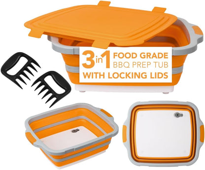 BBQ Prep Tub with Lid and Meat Claws – 8L Collapsible, Multifunctional Washing and Storage Basin for Meat, Vegetables and Fruits, Ideal for Outdoor Grilling, Camping and Kitchen Use