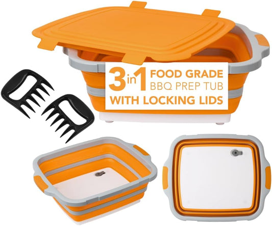 BBQ Prep Tub with Lid and Meat Claws – 8L Collapsible, Multifunctional Washing and Storage Basin for Meat, Vegetables and Fruits, Ideal for Outdoor Grilling, Camping and Kitchen Use