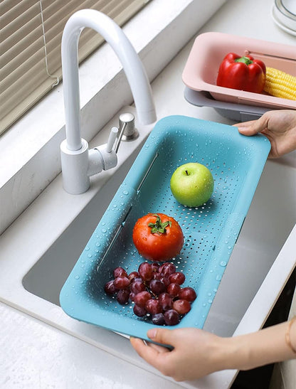 KesaPlan Collapsible Sink Colanders and Strainers Basket Over the Colander Extendable Plastic Fruit Vegetable Strainer Drainer for Kitchen(Length 14.3-19.4 inch)(Gray Set of 2)