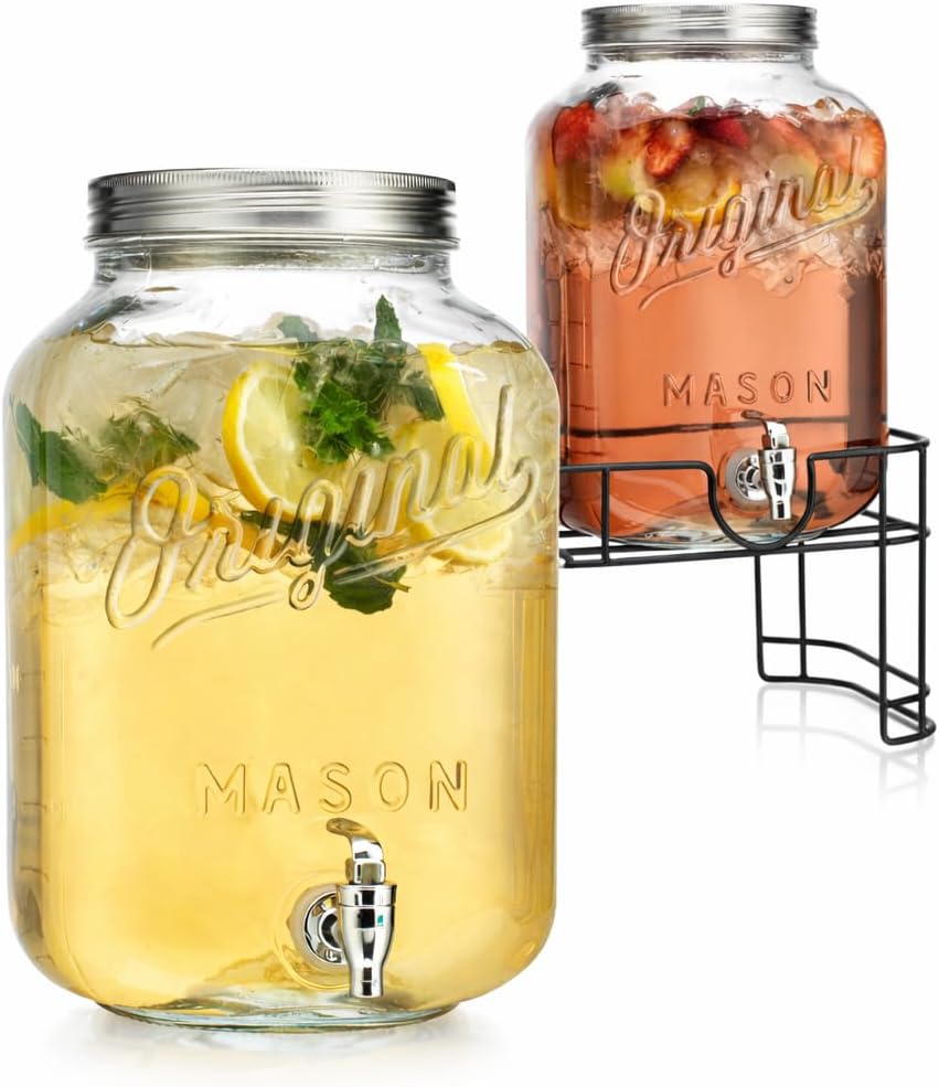 2 PACK 1.5 Gallon Drink dispenser, Glass Beverage Dispenser With Elegant Stand Stand, Drink Dispensers for Parties With Spigot 100% Leakproof. Perfect For Parties And Daily Use