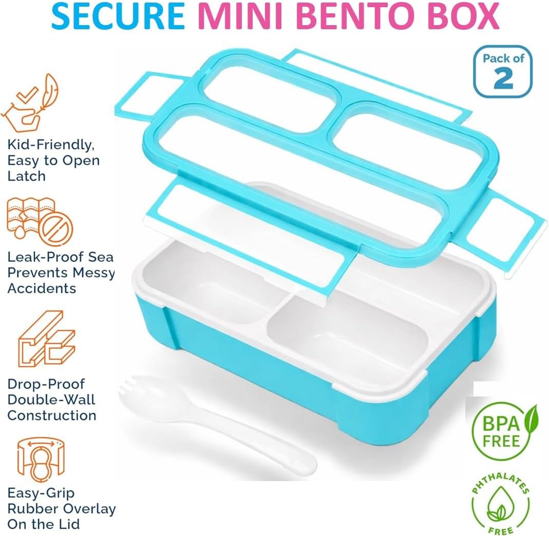 Small Snack Containers for Kids Toddlers - 3 Compartments (Set of 2) - Leak-Proof Reusable Boxes with Lids - BPA-Free Plastic Mini Bento Lunch Box - Holds 2 Cups Capacity (Pastel Blue+Teal Sparkle)