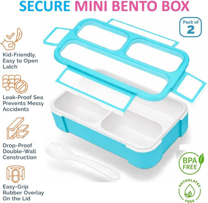 Small Snack Containers for Kids Toddlers - 3 Compartments (Set of 2) - Leak-Proof Reusable Boxes with Lids - BPA-Free Plastic Mini Bento Lunch Box - Holds 2 Cups Capacity (Pastel Blue+Teal Sparkle)