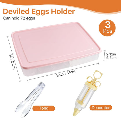 3 Pcs 72 Count Deviled Egg Containers with Lid and 8 Pcs Deviled Egg Injector Piping Tool & Tong, Portable Storage Carrier Egg Holder, Fridge Stackable Deviled Egg Tray Plastic Egg Organizer