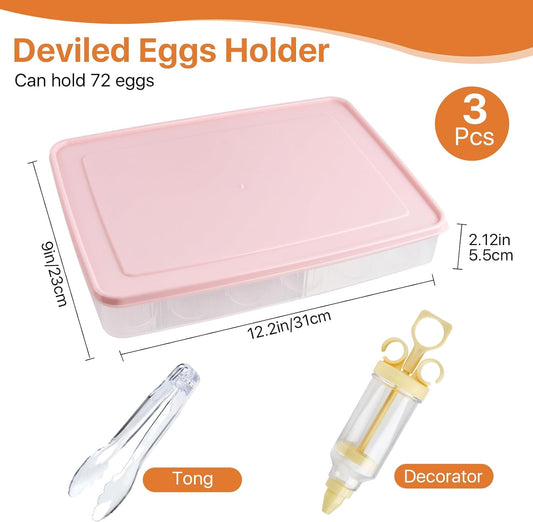 3 Pcs 72 Count Deviled Egg Containers with Lid and 8 Pcs Deviled Egg Injector Piping Tool & Tong, Portable Storage Carrier Egg Holder, Fridge Stackable Deviled Egg Tray Plastic Egg Organizer