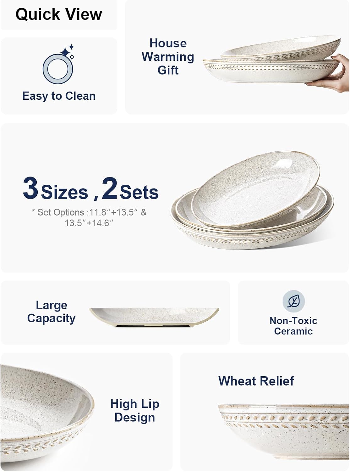 LE TAUCI Ceramic Serving Bowls Set of 2, Large Serving Dishes for Entertaining, 11.8 & 13.7 Inch Oval Serving platter, Salad Fruit Bowl, Pasta Bowls, Microwave & Dishwasher Safe - Arctic White