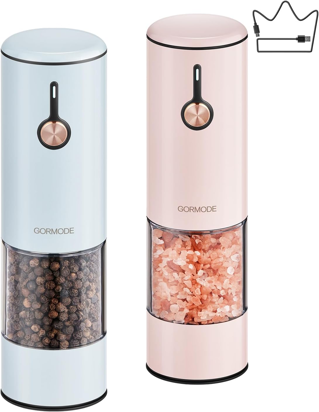 Stainless Steel Rechargeable Electric Salt and Pepper Grinder Set – USB Charging, One-Hand Electric Mill, Adjustable Coarseness, LED Light & Dust Cover –2pack(Greige & Buttercream)